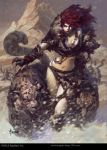  artist_name bayard_wu breasts cleavage curly_hair facial_mark fur_trim legend_of_the_cryptids lipstick long_hair makeup midriff mountain navel official_art red_hair scar slit_pupils snow snow_leopard snowing solo watermark web_address 