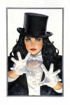  adam_hughes black_hair black_tailcoat blue_eyes border bow bowtie buttons close-up dc_comics dress_shirt gloves hands_up hat highres long_eyelashes long_hair looking_at_viewer makeup red_lips shirt simple_background tailcoat top_hat upper_body western_comics_(style) white_background white_border white_bow white_bowtie white_gloves white_shirt zatanna_zatara 