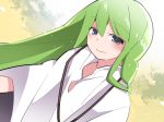  bangs blue_eyes closed_mouth dutch_angle enkidu_(fate/strange_fake) eyebrows_visible_through_hair fate/strange_fake fate_(series) green_hair hammer_(sunset_beach) jewelry long_sleeves looking_at_viewer male_focus necklace robe smile solo upper_body wide_sleeves 