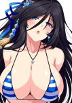  bare_shoulders bikini black_hair blue_bikini blue_eyes blush brave_girl_ravens breasts cleavage collarbone commentary copyright_name earrings hair_between_eyes hair_ornament horosuke_(toot08) huge_breasts jewelry long_hair looking_at_viewer necklace open_mouth shaomei_(brave_girl_ravens) sidelocks simple_background solo striped striped_bikini swimsuit tassel very_long_hair white_background 