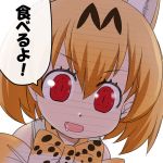  animal_ears bangs blonde_hair bow bowtie eyebrows_visible_through_hair fang feral hanya_(hanya_yashiki) kemono_friends looking_at_viewer open_mouth print_neckwear red_eyes saliva serval_(kemono_friends) serval_ears serval_print shaded_face short_hair slit_pupils smile solo translated yellow_neckwear you_gonna_get_eaten 