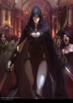  artist_name bayard_wu black_hair breasts cleavage elf faceless faceless_female faceless_male fangs feathers hat highres hood legend_of_the_cryptids long_hair mask nail_polish official_art open_mouth pointy_ears solo_focus sword vampire watermark weapon web_address 