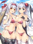  azur_lane bikini blue_eyes blush boots breasts brown_eyes commentary_request crossover flight_deck gloves grey_hair hair_ornament hairband highres kantai_collection long_hair looking_at_viewer mantarousan medium_breasts mole mole_under_eye multiple_girls namesake open_mouth partly_fingerless_gloves red_bikini ribbon-trimmed_legwear ribbon_trim shoukaku_(azur_lane) shoukaku_(kantai_collection) smile swimsuit thigh_boots thighhighs white_legwear 