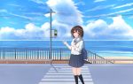  1girl :d absurdres animal bag bangs beach biako bird black_legwear blue_bow blue_skirt blue_sky blush bow brown_hair cloud cloudy_sky collared_shirt commentary_request crosswalk day eyebrows_visible_through_hair flying hair_between_eyes head_tilt highres horizon kneehighs long_sleeves looking_at_viewer ocean open_mouth original outdoors pedestrian_lights pleated_skirt purple_eyes railing road sand scenery school_bag shirt skirt sky smile solo stairs summer upper_teeth w water white_shirt 