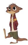  2018 anthro barefoot clothed clothing disney fan_character fuel_(artist) hands_in_pockets head_tuft male mammal mustelid one_leg_up open_jacket otter simple_background solo standing whiskers white_background zootopia 