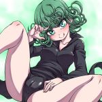  :q black_dress blush breasts cameltoe closed_mouth commentary curly_hair dress green_background green_eyes green_hair hanya_(hanya_yashiki) head_tilt leaning_back long_dress looking_at_viewer medium_breasts one-punch_man short_hair side_slit sitting smile solo spread_legs tatsumaki tongue tongue_out 