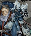  1boy absurdres brown_hair commentary_request gouf_custom gun gundam gundam_08th_ms_team highres holding holding_sword holding_weapon katsu_(24791909) marker_(medium) mecha_pilot_suit mobile_suit multiple_views normal_suit_(gundam) norris_packard open_mouth short_hair sitting sword tagme traditional_media weapon 
