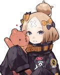  abigail_williams_(fate/grand_order) alternate_costume alternate_hairstyle bandaid_on_forehead bangs blonde_hair blue_eyes bow commentary_request emblem fate/grand_order fate_(series) hair_bow hair_bun heart heroic_spirit_traveling_outfit highres holding holding_stuffed_animal jacket long_sleeves looking_at_viewer orange_bow parted_bangs parted_lips polka_dot polka_dot_bow signature simple_background sleeves_past_fingers sleeves_past_wrists solo stuffed_animal stuffed_toy teddy_bear turtleneck upper_body utayoi_(umakatare) white_background 