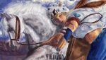  1boy absurdres blue_lips dixie_cup_hat hat heart_ornament highres horse horse_print horseshoe horseshoe_hat_ornament horseshoe_ornament johnny_joestar jojo_no_kimyou_na_bouken military_hat pankerdotpng slow_dancer_(jojo) star_(symbol) star_print steel_ball_run 