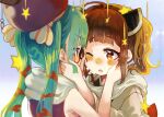  2girls ;o black_hat blush_stickers brown_eyes brown_hair commentary_request dress eel_hat green_eyes green_hair hand_on_another's_face hands_on_another's_face hat headgear heart heart-shaped_pupils highres japanese_clothes kimono long_hair long_sleeves mortarboard multiple_girls one_eye_closed open_mouth otomachi_una purple_dress purple_hat sasurai_susuki scarf sleeveless sleeveless_dress star_(symbol) symbol-shaped_pupils touhoku_kiritan twintails upper_body very_long_hair vocaloid voiceroid white_kimono white_scarf wide_sleeves 