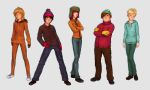  androgynous beanie black_hair blonde_hair blue_eyes brown_hair commentary crossed_arms curly_hair eric_cartman gloves green_eyes hand_on_hip hat highres hood hooded_jacket jacket kenny_mccormick kyle_broflovski leopold_stotch male_focus muhamaru_yuni multiple_boys outline red_hair simple_background south_park stan_marsh standing white_background 