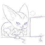  2018 aggressive_retsuko anthro big_ears blush breath canine chair clothed clothing computer_mouse cute_fangs female fennec fenneko fox mammal monitor monochrome motion_lines office_chair open_mouth open_smile plagueofgripes purple_and_white simple_background sitting smile solo tailwag white_background 
