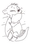  2018 ambiguous_gender anthro barefoot brown_and_white clothed clothing disney eyes_closed fan_character fuel_(artist) head_tuft lying mammal midriff monochrome mustelid on_side otter pillow pillow_hug simple_background sleeping solo whiskers white_background zootopia 