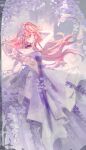  1girl arm_behind_head artist_request bare_shoulders black_choker brown_eyes chinese_commentary choker closed_mouth commentary_request commission dot_nose dress dress_flower elbow_gloves feet_out_of_frame floating_hair flower frilled_dress frills gloves gown hair_flower hair_ornament hand_in_own_hair highres light_blush light_frown long_dress long_hair long_sidelocks looking_ahead nikki_(nikki) nikki_(series) outdoors pink_hair pink_sky purple_dress purple_flower second-party_source shining_nikki sidelocks sky solo strapless strapless_dress sunset tree very_long_hair white_gloves wisteria wisteria-hued_daylight_(shining_nikki) 