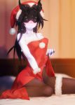 alternate_costume bed bedroom black_hair black_legwear blindfold blush breasts christmas closed_mouth commentary_request dress hat highres horns kantai_collection light_cruiser_hime long_hair mochitsu_jou on_bed pale_skin pantyhose santa_costume santa_hat shinkaisei-kan sitting sitting_on_bed small_breasts solo wariza wavy_mouth 