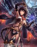  black_hair breasts copyright_name cuboon elbow_gloves gloves large_breasts long_hair lost_crusade navel official_art red_eyes solo sword weapon 