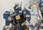  1girl advance_of_zeta arm_up blonde_hair breasts cleavage collarbone commentary_request drying drying_hair emblem gauntlets gundam gundam_tr-1_hazel hair_behind_ear hangar head_tilt highres insignia katsu_(24791909) marker_(medium) mecha mobile_suit mobile_suit_gundam navel open_mouth panties pants robot roundel science_fiction short_hair single_gauntlet solo_focus sports_bra titans_test_team_(gundam) towel traditional_media underwear undressing unfinished white_panties zeta_gundam zeta_gundam_define 