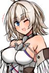  1girl :d ;d ahoge anchor azur_lane bare_shoulders blonde_hair blue_eyes breasts chiru_(218mg) commentary detached_sleeves eyebrows_visible_through_hair highres looking_at_viewer medium_breasts oklahoma_(azur_lane) one_eye_closed open_mouth signature simple_background smile solo upper_body white_background 