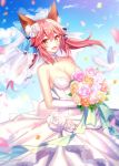  alternate_costume animal_ear_fluff animal_ears bare_shoulders blue_ribbon blush bouquet bow breasts bridal_veil bride cleavage dress elbow_gloves fang fate/extra fate/grand_order fate_(series) flower fox_ears fox_tail fuyuki_(neigedhiver) gloves hair_bow hair_ribbon highres large_breasts long_hair looking_at_viewer open_mouth pink_hair ribbon rose solo tail tamamo_(fate)_(all) tamamo_no_mae_(fate) tears veil wedding wedding_dress white_dress white_flower white_gloves yellow_eyes 