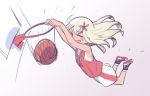  &gt;_&lt; basketball basketball_hoop basketball_uniform blonde_hair closed_eyes commentary dunk flower full_body gradient gradient_background hair_flower hair_ornament kantai_collection long_hair one-piece_tan open_mouth pun ro-500_(kantai_collection) shoes smile sneakers solo sportswear tan tanline tonmoh white_background 