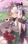  absurdres birkai blush cherry_blossoms chocolate food heart highres holding holding_food len_(maplestory) long_hair maplestory outdoors red_eyes sitting smile spoken_heart spring_(season) white_hair 