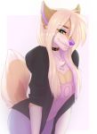  2018 anthro blonde_hair breasts canine clothed clothing digital_media_(artwork) ear_piercing ei-ka female hair mammal piercing purple_nose simple_background smile solo wolf 