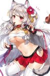  animal_ears armpit_peek azur_lane bangs blush breasts budget_sarashi cape cleavage collar commentary dog_ears dog_tail eyebrows_visible_through_hair flower food front-seamed_legwear gijang grey_hair hair_flower hair_ornament large_breasts leg_up long_hair looking_at_viewer meat miniskirt mouth_hold nail_polish navel panties red_eyes red_skirt sarashi seamed_legwear shiny shiny_skin side-tie_panties skirt solo sparkle spiked_collar spikes sweat tail tattoo thick_eyebrows thighhighs underboob underwear very_long_hair white_legwear white_panties yuudachi_(azur_lane) zettai_ryouiki 