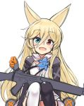  :d absurdres animal_ears assault_rifle blonde_hair blue_eyes commentary eyebrows_visible_through_hair fang fox_ears g41_(girls_frontline) girls_frontline gun hair_between_eyes heterochromia highres long_hair looking_at_viewer mismatched_legwear ohshit open_mouth red_eyes rifle simple_background smile solo thighhighs weapon white_background 