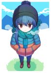  bangs beanie blue_scarf blue_sky blush boots day eyebrows_visible_through_hair full_body grass half-closed_eyes hands_in_pockets hat jacket long_sleeves looking_at_viewer mountain outdoors pants purple_eyes scarf shima_rin simple_background sky smile suta_(clusta) white_background winter_clothes yurucamp 