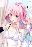  1girl 2others absurdres applying_another's_makeup applying_lipstick applying_makeup aqua_eyes aqua_hair armpit_crease artist_name blue_eyes blurry breasts cleavage collarbone colored_eyelashes colored_inner_hair curtains dengeki_moeoh depth_of_field dress hair_between_eyes hair_intakes highres holding holding_another's_hair holding_brush holding_makeup_brush indoors jewelry light_blush long_hair looking_at_viewer magazine_scan makeup makeup_brush medium_breasts multicolored_eyes multicolored_hair multiple_others necklace off-shoulder_dress off_shoulder original page_number parted_lips pink_hair scan sidelocks solo_focus third-party_source upper_body wavy_hair white_dress window yanase_aki 