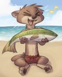  2018 anthro barefoot beach clothed clothing cloud cute_fangs disney fan_character fish fuel_(artist) head_tuft holding_object male mammal marine mustelid open_mouth open_smile otter pawpads sea seaside sitting smile solo topless water whiskers xd zootopia 