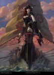  armor artist_name axe bayard_wu breasts cleavage cloud curly_hair faceless faceless_male fur_trim gloves helmet horned_helmet legend_of_the_cryptids long_hair midriff official_art red_hair shield ship sky water watercraft watermark web_address 