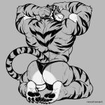 anthro back_muscles balls_outline barazoku barefoot bedroom_eyes biceps big_bulge big_butt big_muscles black_clothing black_underwear bodily_fluids bulge bulge_from_behind butt butt_focus claws clothed clothing detailed_bulge feet felid feline flexing flexing_bicep flexing_both_biceps flexing_butt flexing_muscles flirting flirting_look flirting_with_viewer fur genital_outline grey_background grin grinning_at_viewer hand_on_neck hi_res inviting inviting_to_sex inviting_viewer kneeling kneeling_on_ground looking_at_viewer looking_back looking_back_at_viewer male mammal manly markings muscular muscular_anthro muscular_arms muscular_male muscular_thighs narrowed_eyes neck_rub offering_sex offering_to_viewer pantherine pawpads presenting presenting_body presenting_hindquarters rear_view revelion rubbing_neck seducing_viewer seductive showing_off_butt showing_off_muscles simple_background smile smiling_at_viewer smirk smirking_at_viewer solo striped_body striped_fur striped_markings striped_tail stripes sweat sweatdrop sweaty_arms sweaty_back sweaty_body sweaty_butt sweaty_legs tail tail_markings thick_arms thick_thighs tiger tough_guy underwear underwear_only
