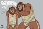 affectionate age_difference annoyed anthro arm_hair armpit_hair armpit_tuft balls_outline barazoku biceps big_bulge big_muscles big_pecs body_hair briefs brown_armpit_hair brown_body brown_facial_hair brown_fur brown_mane brown_mustache bulge clothed clothing detailed_bulge dialogue duo english_text facial_hair father_(lore) father_and_child_(lore) father_and_son_(lore) felid feline fur genital_outline grey_background hands_on_shoulders hi_res holding_shoulders incest_(lore) larger_anthro larger_male leg_hair lion male male/male mammal mane manly mature_anthro mature_male muscular muscular_anthro muscular_arms muscular_male muscular_thighs mustache older_anthro older_male paco_(roolthelion) pantherine pantsless pantsless_anthro parent_(lore) parent_and_child_(lore) parent_and_son_(lore) pecs penis_outline playful playful_banter playful_expression playful_face rool_(roolthelion) roolthelion shirt shoulder_grab simple_background size_difference smaller_anthro smaller_male son_(lore) speech_bubble standing tail tank_top teasing teasing_partner text thick_arms thick_thighs tightey_whities tighty_whities topwear underwear whiskers white_briefs white_clothing white_shirt white_tank_top white_topwear white_underwear yellow_eyes younger_anthro younger_male