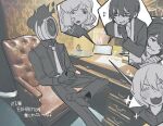  1other 2boys 2girls :3 armchair blade_lineage_(identity)_(project_moon) blush bodysuit bug chair clock cockroach collared_shirt commentary_request dante_(limbus_company) don_quixote_(project_moon) dress_shoes fire freckles gloves gregor's_cockroach_(project_moon) greyscale_with_colored_background high_ponytail hong_lu_(project_moon) ishmael_(project_moon) kurokumo_clan_(identity)_(project_moon) limbus_company long_hair molar_boatworks_(identity)_(project_moon) multiple_boys multiple_girls necktie object_head office open_mouth pants pda ponytail project_moon shirt short_hair sidelocks sitting smile socks tama_launcher translated very_long_hair w_corp._(identity)_(project_moon) yi_sang_(project_moon) 