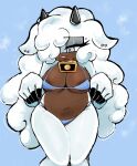  1girl adjusting_clothes adjusting_swimsuit alternate_breast_size_(larger) alternate_color alternate_costume alternate_hair_length alternate_hairstyle animal_ear_piercing animal_ears animal_nose areola_slip averting_eyes bell belly bikini blue_background blue_bikini blue_eyes body_fur breasts brown_lips cleavage cone_horns cowbell eyelashes feet_out_of_frame fluffy_hair full_body furry furry_female hair_over_one_eye half-closed_eyes highres horns lanolin_the_sheep large_breasts lettucefreakk long_hair looking_down mole mole_under_eye navel neck_bell plump sheep_ears sheep_girl sheep_horns solo sonic_(series) sonic_the_hedgehog_(idw) swimsuit underboob very_long_hair white_fur white_hair 