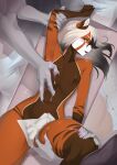 2026 ailurid anthro areola begonia-z biped blush bulge claws clothed clothed_anthro clothed_male clothing countershade_accent countershade_torso countershading digital_drawing_(artwork) digital_media_(artwork) fingers fur group hair hi_res inside lying male mammal navel nipples nude nude_anthro nude_male on_back red_panda standing teeth tongue trio