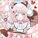  1girl :3 :d absurdres bare_shoulders blue_eyes blush bow bowtie brown_background brown_hair brown_shirt clothing_cutout commentary_request dot_nose frilled_sleeves frills gingham_background gingham_sleeves hands_up hat heart highres holding holding_wand long_hair long_sleeves looking_at_viewer open_mouth original pink_bow pink_bowtie pixelated shirt shoulder_cutout smile solo upper_body wand wataco_coco waving white_hat 