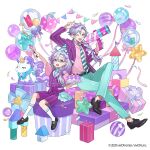  2boys :d ;d age_comparison ahoge aqua_necktie arm_up ball balloon birthday birthday_cake black_shoes blazer boutonniere bow bow-shaped_hair box braid cake child clock_over_orquesta collared_shirt commentary_request confetti copyright_notice crossed_legs curtained_hair diagonal-striped_clothes diagonal-striped_necktie dual_persona flower food footwear_tassel fork full_body gift gift_box green_pants grey_hair hair_between_eyes hair_over_shoulder hat hat_flower highres holding holding_fork holding_plate jacket kanyoko_(yuzukano_17) loafers long_hair long_sleeves looking_at_viewer low_ponytail male_focus mary_janes multicolored_hair multiple_boys necktie official_art on_box one_eye_closed open_clothes open_jacket pants party_cannon party_hat pink_shirt pinstripe_jacket pinstripe_pattern pinstripe_shorts pinstripe_vest plate polka_dot_balloon polka_dot_necktie ponytail purple_bow purple_eyes purple_jacket purple_shorts purple_streaks purple_vest sample_watermark shirt shoes short_sleeves shorts shoulder_cannon simple_background single_braid sitting sitting_on_box sitting_on_gift_box smile socks star_balloon streaked_hair streamers string_of_flags striped_clothes stuffed_unicorn tassel teeth tenma_nanase toy_block triangle_button upper_teeth_only v vest watermark white_background white_necktie white_socks 