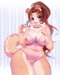  2018 5_fingers anthro areola belly big_eyes breasts brown_eyes brown_fur brown_hair canine cleavage clitoral_hood clitoris clothed clothing collar deep_navel digital_media_(artwork) dog female front_view fur hair lingerie long_hair looking_at_viewer mammal missaka navel neck_tuft nipples open_mouth ponytail pussy slightly_chubby solo standing tan_fur teddy_(clothing) teeth thick_thighs tongue translucent tuft voluptuous wide_hips 