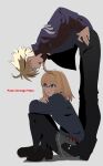  1boy 1girl betti_(xx_betti) black_pants black_pantyhose black_shoes blonde_hair braid copyright_name fate/strange_fake fate_(series) glasses green_eyes grey_background grey_skirt hands_on_own_hips highres jacket long_hair looking_at_another multicolored_hair open_mouth pants pantyhose pleated_skirt profile richard_i_(fate) richard_i_(second_ascension)_(fate) sajou_ayaka_(fate/strange_fake) shoes simple_background sitting skirt smile streaked_hair 