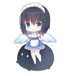  1girl angel angel_wings aoi_erika aoi_erika_(deliverer_of_miracle) apron aqua_eyes arms_behind_back bare_shoulders black_hair blue_dress blush chibi chibi_only closed_mouth commentary detached_sleeves dress eyes_visible_through_hair frilled_apron frilled_dress frilled_sleeves frilled_thighhighs frills hair_between_eyes heaven_burns_red kk0220 looking_at_viewer maid maid_headdress medium_hair narby_(heaven_burns_red) official_alternate_costume pleated_skirt puffy_short_sleeves puffy_sleeves short_sleeves sitting skirt sleeveless sleeveless_dress slime_(creature) smile solo split_mouth tareme thighhighs waist_apron white_apron white_thighhighs wings zettai_ryouiki 