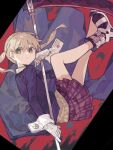  1girl :i belt_boots blonde_hair boots caddy_cyd floating floating_clothes floating_hair full_body gloves green_eyes highres holding holding_scythe legs_up long_coat looking_at_viewer maka_albarn pale_color plaid_clothes plaid_skirt red_skirt scythe simple_background skirt solo soul_eater twintails white_gloves 