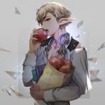  apple bag blonde_hair book elf food fruit grey_background kawamatsu_yoshinori looking_at_viewer male_focus original pointy_ears red_eyes shirt solo upper_body white_shirt 