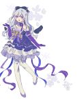  1girl angel_wings back_ribbon bare_shoulders black_bow black_wings bow cartoon_wings chinese_commentary choker commentary_request detached_wings dress elbow_gloves flats floral_background frilled_bow frilled_dress frills full_body gloves grey_hair hair_between_eyes hair_bow hand_up happy highres infinity_nikki lace-trimmed_gloves lace_trim long_hair long_sidelocks mini_wings neck_ribbon nikki_(series) ningzhi09849 one_side_up open_mouth purple_choker purple_dress purple_eyes purple_gloves purple_ribbon purple_shoes ribbon shoes short_dress sidelocks smile solo sparkle standing strapless strapless_dress stylist_(nikki) thighhighs wavy_hair white_background white_thighhighs wings 