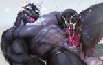 abs absurd_res animal_genitalia animal_penis anthro anus barazoku black_body black_scales black_sclera bodily_fluids border claws crocodile crocodilian cum dendryte_axxon digital_media_(artwork) dragon erection eyelashes fluffy fluffy_chest fluffy_ears genital_fluids genitals hi_res hybrid knot knotted_penis krieger_(shadowfox31) looking_pleasured male masturbation muscular muscular_anthro muscular_male mythological_creature mythological_scalie mythology nude orgasm pecs penis reptile scales scalie sharp_teeth simple_background solo tail teeth toe_claws tongue tongue_out yellow_eyes
