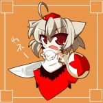  1girl ahoge animal_ears brown_background chibi chibi_only detached_sleeves fang full_body grey_hair hat holding holding_shield holding_sword holding_weapon inubashiri_momiji leaf_print maple_leaf_print medium_hair open_mouth pom_pom_(clothes) red_eyes red_hat red_skirt shield shirogane_(platinum) shirt simple_background skin_fang skirt sleeveless sleeveless_shirt solo sword tokin_hat touhou translation_request v-shaped_eyebrows weapon white_shirt wolf_ears wolf_girl 