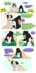 2022 black_body black_fur blue_background blush brown_eyes chest_tuft clothing comic dialogue ear_piercing eyebrows facial_piercing felid finger_on_chin flesh_tunnel fur furniture gale_(p_rindustries) gauged_ear green_clothing green_shirt green_topwear hair hi_res labret_piercing lip_piercing looking_over male mammal muscle_shirt on_sofa p_rindustries pantherine piercing print_clothing print_shirt print_t-shirt print_topwear red_hair shirt signature simple_background sitting smile sofa solo standing t-shirt topwear tuft whisker_spots