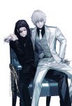  2boys arm_around_neck arm_up black_hair black_jacket black_pants black_shirt black_suit blue_eyes chair closed_mouth collared_shirt commentary_request cross cross_necklace eyepatch fate/strange_fake fate_(series) grey_eyes grey_vest hand_on_another's_wrist hansa_cervantes jacket jester_karture jewelry lapels long_sleeves looking_at_viewer male_focus mole mole_under_eye multiple_boys necklace on_chair one_eye_covered open_clothes open_jacket pants parted_hair sei_8220 shirt short_hair sitting sitting_on_lap sitting_on_person smile suit suit_jacket vest watermark white_background white_hair white_pants white_suit wing_collar 