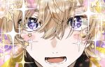  1boy aegyo_sal blonde_hair blush_stickers close-up double-parted_bangs fura_kanato hair_between_eyes looking_at_viewer lower_teeth_only male_focus matsuhago medium_hair nijisanji nostrils open_mouth purple_background purple_eyes solo sparkle sparkling_eyes star_(symbol) teeth tongue 